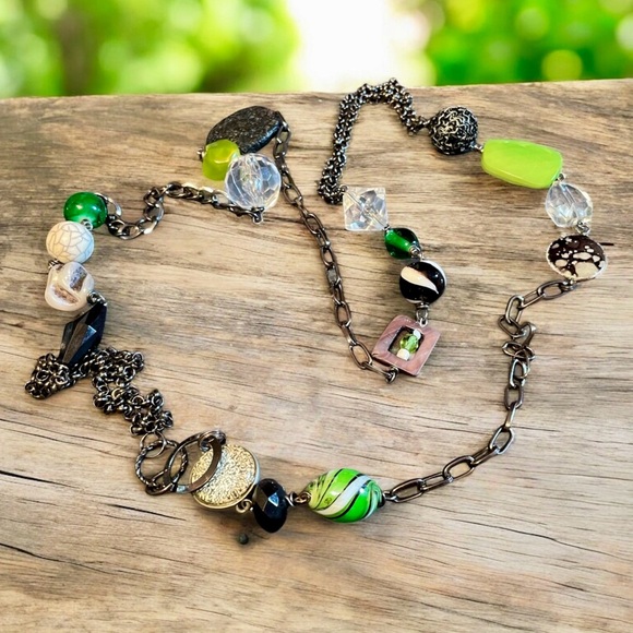 Hand Crafted Jewelry - 🍀Blown glass/MOP/lucite/metal Beaded Chain Necklace